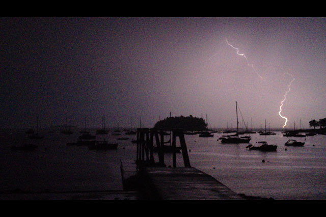 Lighting strikes south of Camden Harbor Wednesday night. (Photo by David Edwards)