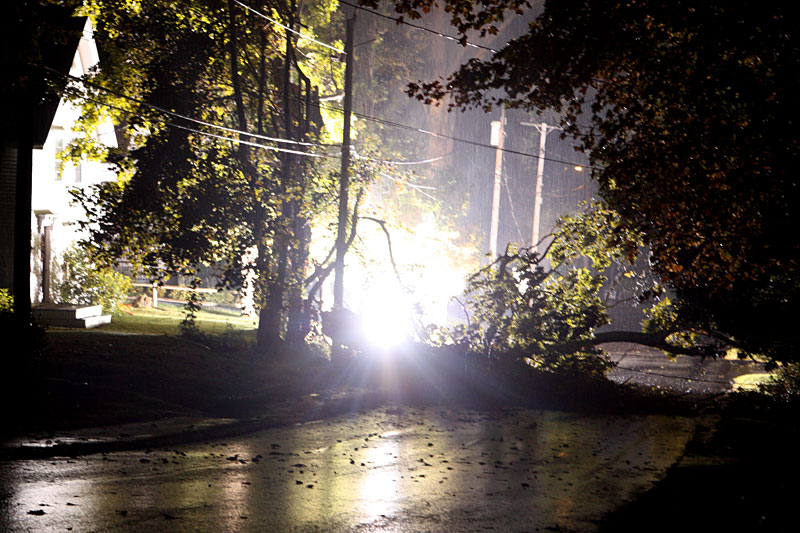 A large tree that fell across Park Street in Camden took down wires and a transformer, which arced for about 30 minutes, until Knox County officials asked Central Maine Power to cut power to the county, due to the sheer volume of storm damage and downed wires. (Photo by Holly S. Edwards)