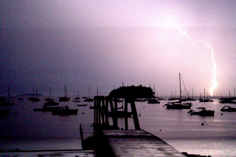 Lighting strikes south of Camden Harbor Wednesday night. (Photo by David Edwards)