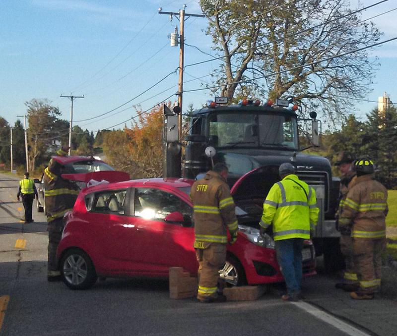 The Mack truck skidded 250 feet before swerving left and striking the Chevrolet Spark, which was turning left ahead of the truck. (Courtesy South Thomaston Fire Department)