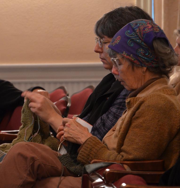 A lot of knitting can get done at a four-hour meeting. (Photo by Lynda Clancy)