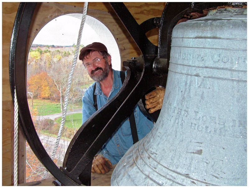 Steeplewright Bob Hanscom in the bell tower of the steeple he built for the Stockton Springs Community Church. (Photo by Ethan Andrews)