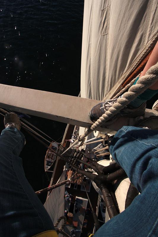 A view of the schooner’s deck, while under sail, from atop the mast. (Photo by Holly S. Edwards)