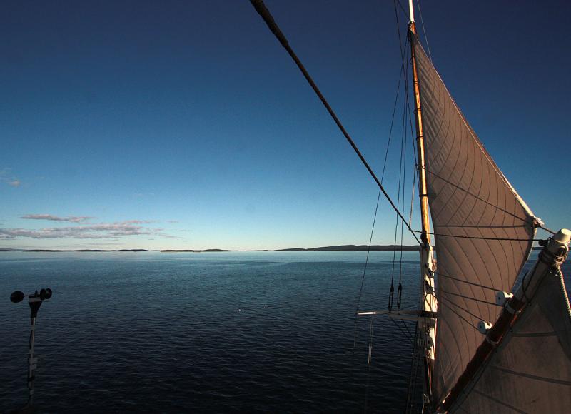 A view of the horizon and Penobscot Bay from atop schooner Mary Day’s mast. (Photo by Holly S. Edwards)