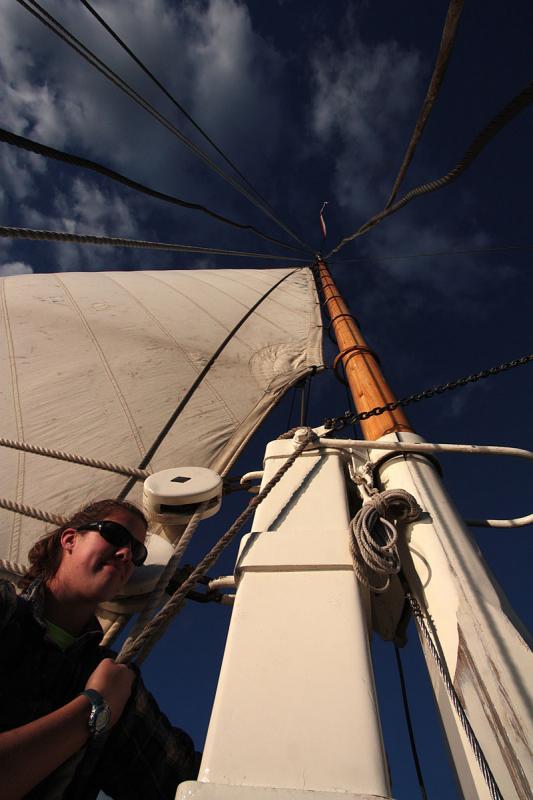 My awesome mast-climbing partner, Brittany Spear, who pulled double-duty as Rick’s assistant cook on this trip aboard schooner Mary Day. (Photo by Holly S. Edwards)