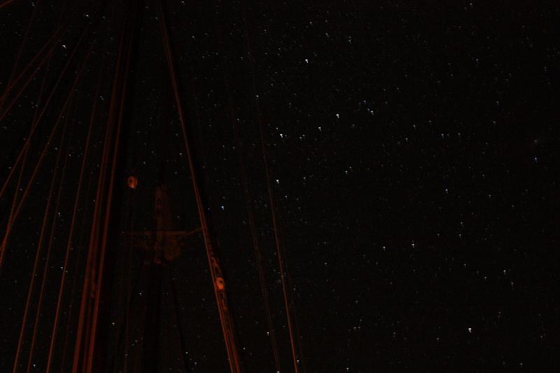 Photographing stars aboard a schooner is not easy to do well, given that the boat is constantly moving, even at anchor. With patience, one can get a lucky, clear shot. (Photo by Holly S. Edwards)