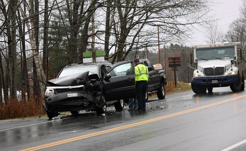 Despite appearances, the pickup truck and Brinks security truck in the background were not involved in the crash in Rockport Monday morning, they were witnesses and good Samaritans. (Photo by Holly S. Edwards)