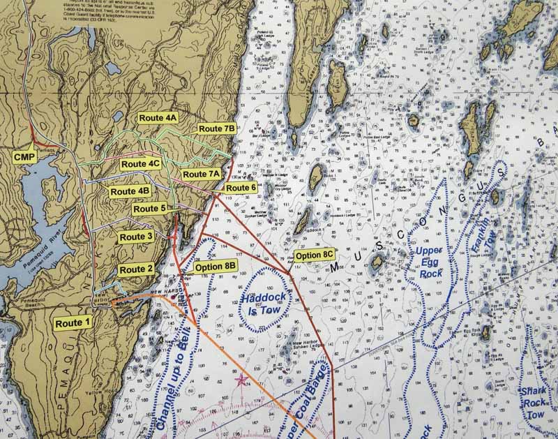 A number of different route options are being considered for carrying electricity across the sea bottom and overland to a Central Maine Power substation in Bristol. (Shlomit Auciello photo)