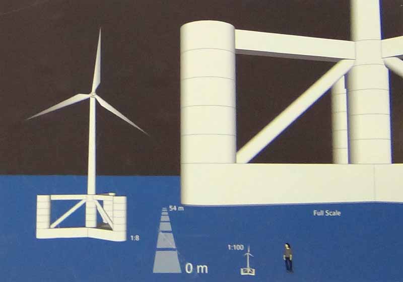 The turbine on the left side of this rendering is the 1:8 scale version now being tested off Castine. By comparison, and when seen relative to the human figure drawn at bottom, the two turbines slated for the waters 2.5 miles south of Monhegan seem pretty big. (Shlomit Auciello photo) UMaine floating turbine proposals scale drawings