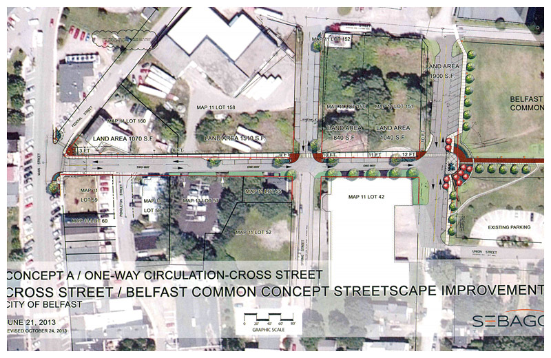 An overview of the area being considered for improvements made possible by a $500,000 Downtown Revitalization grant awarded to Belfast in 2012. (Plans by Sebago Technics)