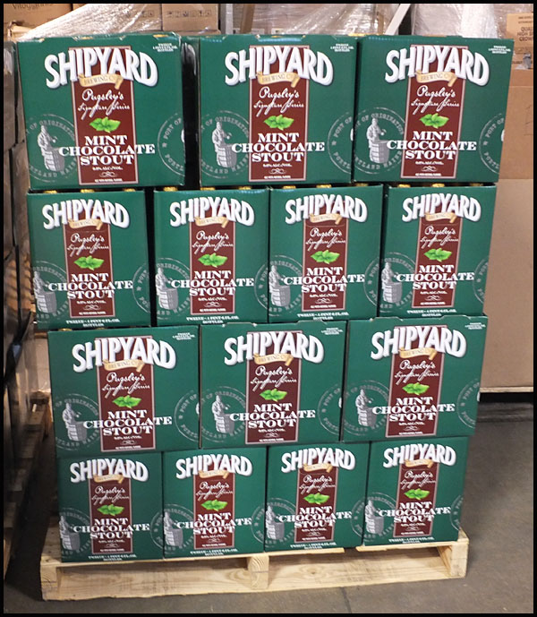 A new Shipyard beer, Mint Chocolate Ale, ready for shipment. (Photo by Chris Wolf)