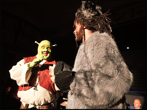 Jacob Corney as Shrek and Jonah Carter as Donkey in the Camden Hills Regional High School production of “Shrek the Musical.”