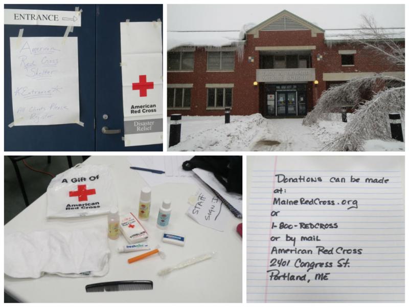 A sign adorns the entrance to the shelter at Troy Howard Middle School. A care bag given to every person by the Red Cross includes basic toiletries.