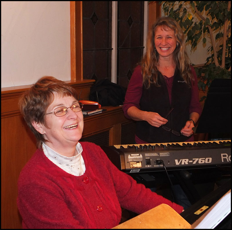 On keyboards are Sybil Wentworth of Union (front) and Tracey Payor of South Thomaston.