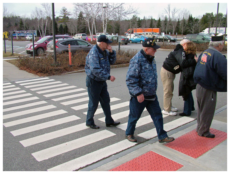 Veterans traveling with the Wreaths Across America arrive in Belfast. (Photo by Ethan Andrews)