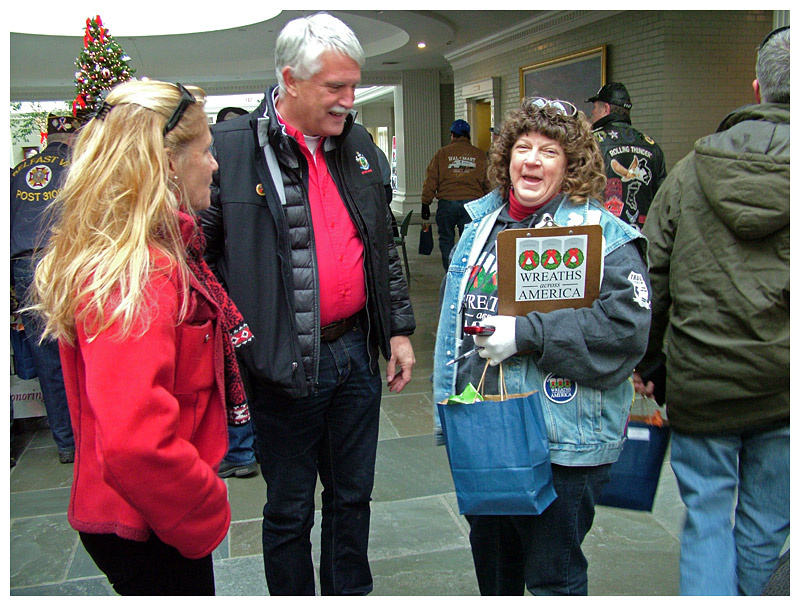 Portland-based organizer for Wreaths Across America, Bunny O’Leary, right, was among the dozens of people who made the stopover in Belfast. (Photo by Ethan Andrews)