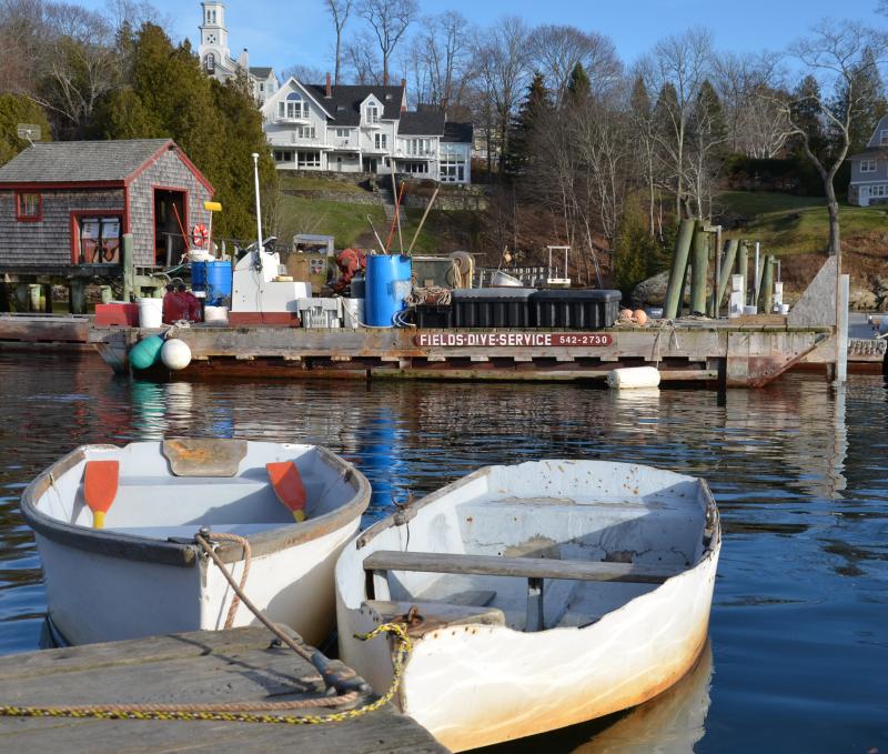 Skiffs are working boats on Rockport Harbor. (Photo by Lynda Clancy) lobster boats Rockport Harbor Maine