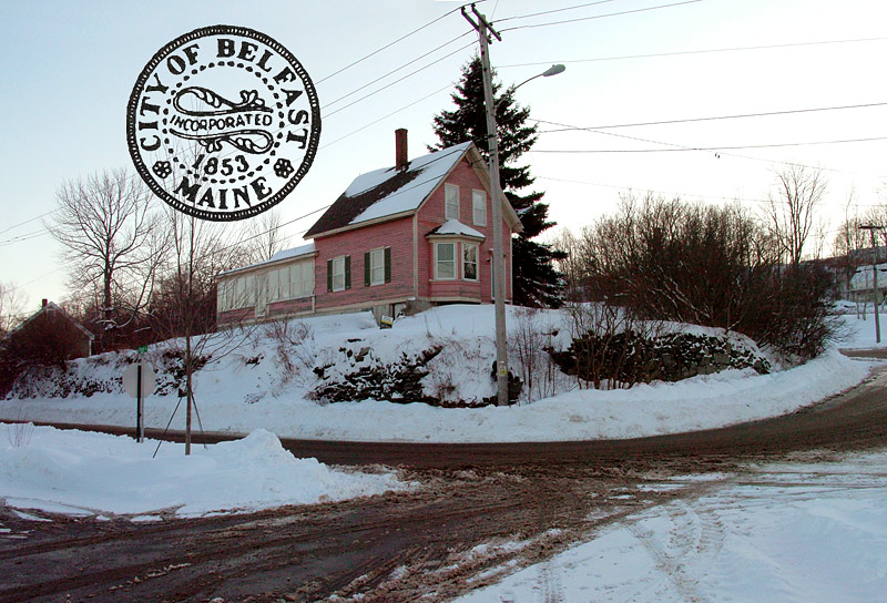 The Belfast City Council approved taking an option on this property at the corner of Front Street, left, and Pierce Street in preparation for a major overhaul of Front Street. The purchase, along with the larger project, hinge on an application to the U.S. Economic Development Administration seeking a $1.9 million grant. (Photo by Ethan Andrews)