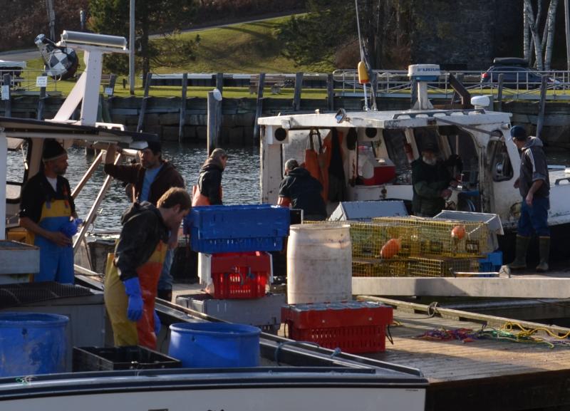 Late in November, Rockport lobstermen are hauling some of their traps, making way for the winter season. A few will maintain traps closer to shore throughout the colder months but most will transport their traps home to yards on the back of trailers and trucks. (Photo by Lynda Clancy) rockport lobster boats maine