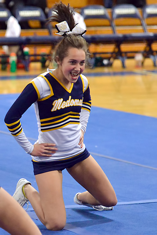 Medomak’s Ashlee Wilson shows a little emotion during the team’s performance Thursday. (Photo by Ron Hawkes)