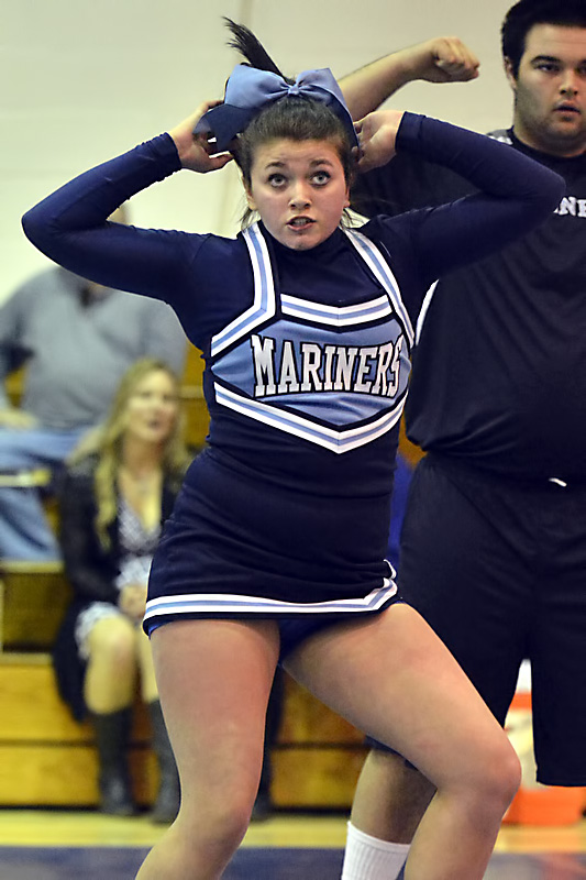 Oceanside’s Brittaney Mahonen, front, and Thomas Curtis perform during the wrestling meet at Oceanside West. (Photo by Ron Hawkes)
