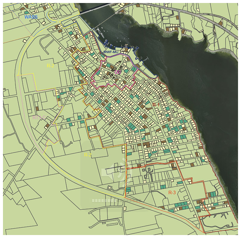 A wide view of downtown Belfast. Properties that would become eligible for subdivision if smaller lot sizes are approved appear in aqua. Unaffected lots would include those smaller than 7,500 square feet (white), from 15,000 to 20,000 square feet (brown), and larger than 20,000 square feet (light green). The largest could be subdivided under current zoning rules. (Source: Belfast Planning Office)