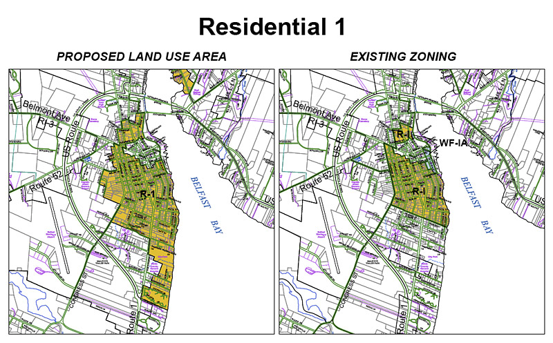 A map of downtown Belfast showing a proposed expansion of the Residential 1 zoning district. The amendment is part of a larger slate of land use changes under consideration by the Planning Board and scheduled for public review in April. (Source: Belfast Planning Office)
