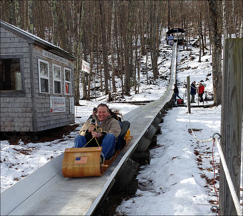 Reporters got the chance to slide down the famed U.S. National Toboggan Championships toboggan chute at the Camden Snow Bowl Friday, as the event committee hosted Media Day Jan. 31. (Photo by Beth Wright)