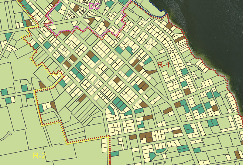 Detail of a map showing properties in Belfast that could become eligible to be subdivided under a proposal to reduce the minimum lot sizes inside the bypass. Affected properties appear in aqua. (Source: Belfast Planning Office)