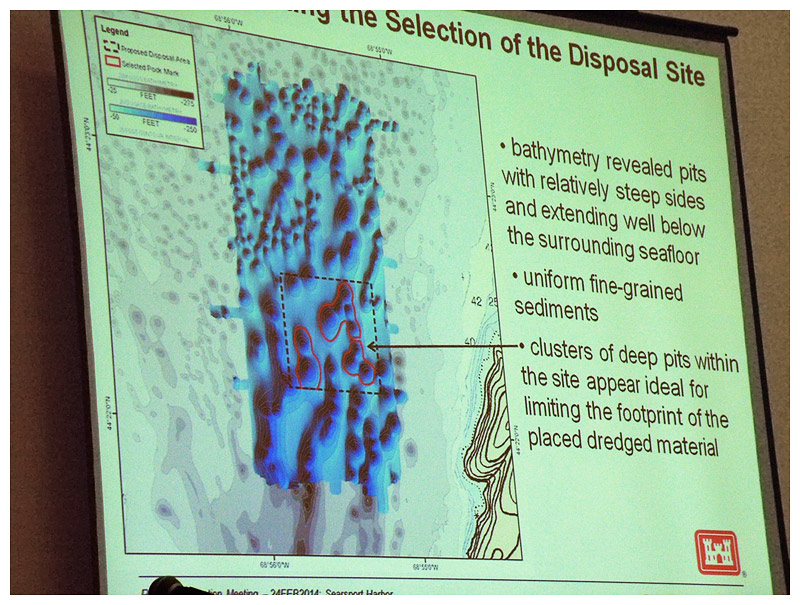 An image from a presentation Monday in Bangor showing the sea floor at the proposed disposal site for Searsport’s dredging spoils. According to Steve Wolf of USACE, the material could be deposited into the deep pockmarks that appear darker in this image. (Photo by Ethan Andrews)