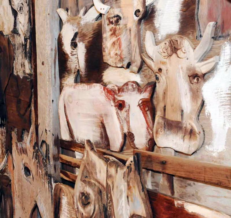 A LARGE WOOD RELIEF in the process of being conserved in the studio in Cushing. Courtesy of Kohler Foundation