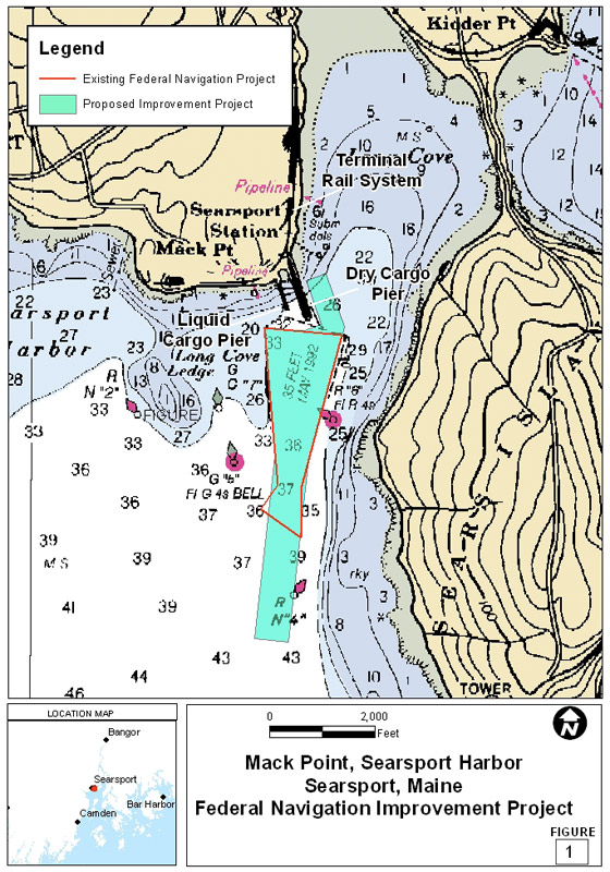 The navigation channel in Searsport, shown as it exists today (outlined in red) and as it would be extended and widened in places (extent of light blue shading). The channel would also be deepened from the current 35 feet to 40 feet under the Army Corps’ plan. (Source U.S. Army Corps of Engineers)
