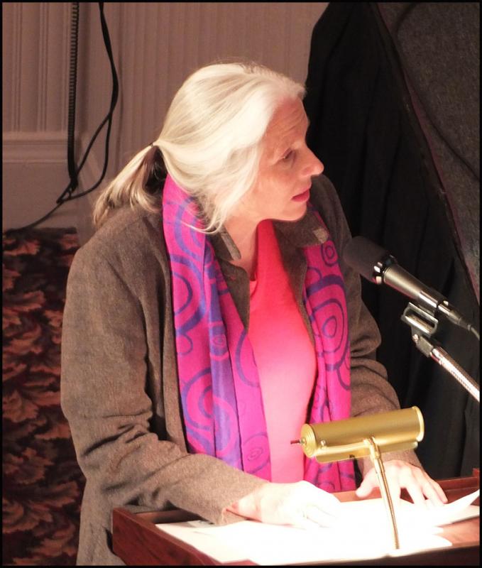 Camden resident Wendalanne Augunis encourages the Select Board to put the Fox Hill amendment before voters. (Photo by Chris Wolf)