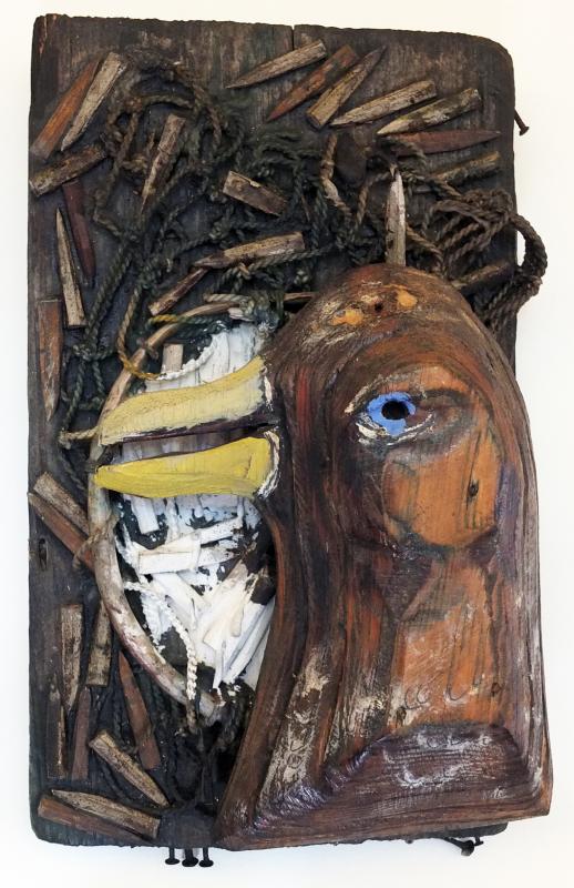 “NIGHT CATCH,” 6.5 by 11 inches, is a painted wood relief that is one of the pieces gifted to Skidompha Library in Damariscotta. SUZI THAYER/Boothbay Register