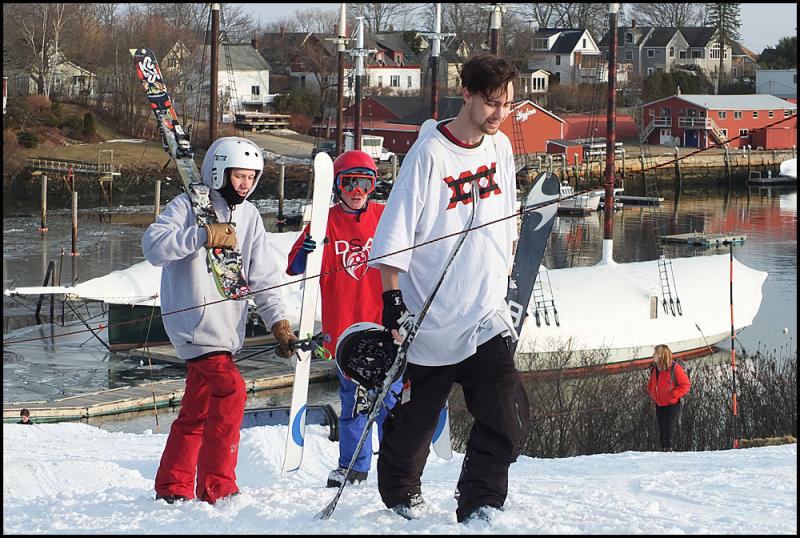 Skiers take turns on the CamJam short slope in Harbor Park Saturday. (Photo by Chris Wolf)