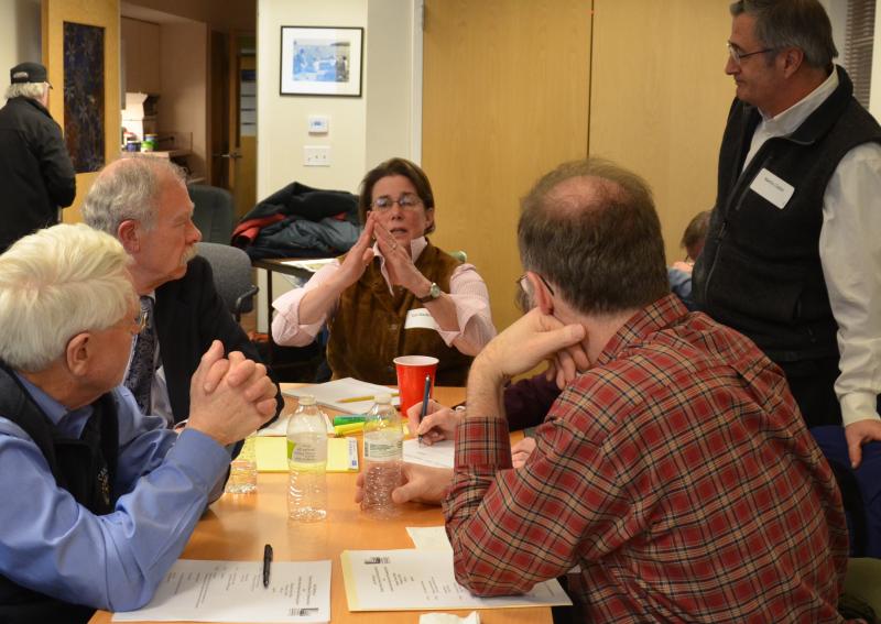 Rockport Planning Board member Tony Bates, Camden Planning Board member Lowrie Sargent, Rockport Planning Board member Terri Mckenzie, Camden Select Board Chairman Martin Cates and Rockport Select Board member Ken McKinley at an historic two-town planning workshop. (Photo by Lynda Clancy)