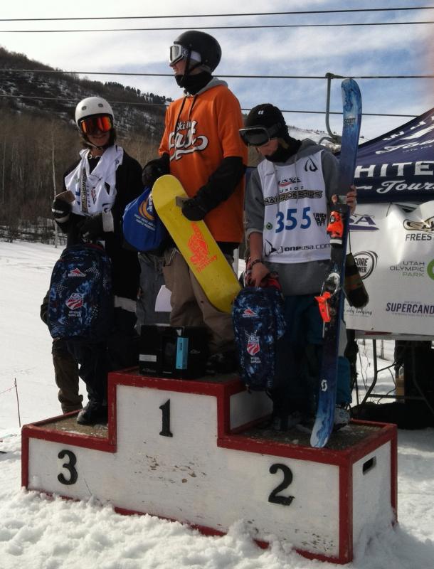 2014 USSA Junior Nationals podium. in Park City, Utah. Third place: Jay Wilder; First place: Keegan Kilbride; Second place: Ethan Swadburg. (Photo courtesy Ollie Wilder)