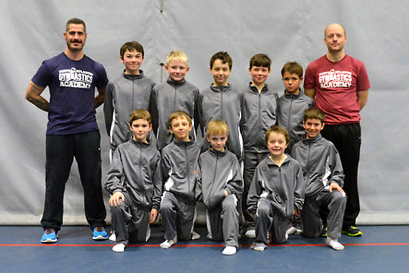 The North Atlantic Gymnastics Academy boys levels 3-6 team at Sunday’s meet at the Pen Bay YMCA. (Photo by Ron Hawkes)