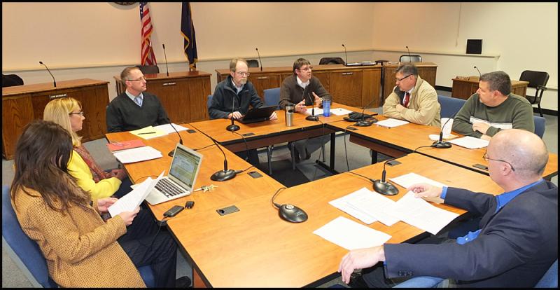 Rockland City Council members and senior staff left to right: Councilor Elizabeth Dickerson, Louise MacLellan-Ruf, City Attorney Kevin Beal, Mayor larry Pritchett, Interim City Manager Tom Luttrell, Councilor Eric Hebert, Councilor Frank Isganitis and Community Development Director John Holden. (Photo by Chris Wolf)