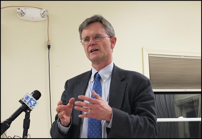 Knox County DA Geoffrey Rushlau talks to those in attendance Thursday night in St. Goerge