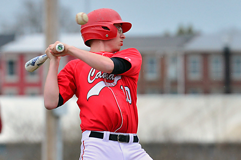 Camden Hills Daulton Wickenden ducks back out of the way of this high inside fastball. (Photo by Ron Hawkes)