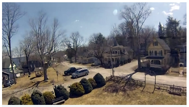 A still shot from one of Lightner and Kuzio’s quadcopter test flights over Bayside Village in Northport.