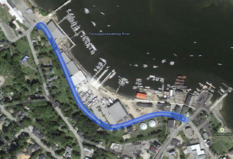 A satellite view of the Belfast waterfront showing the section of Front Street to be rebuilt using federal grant money. (Image: Google Maps)