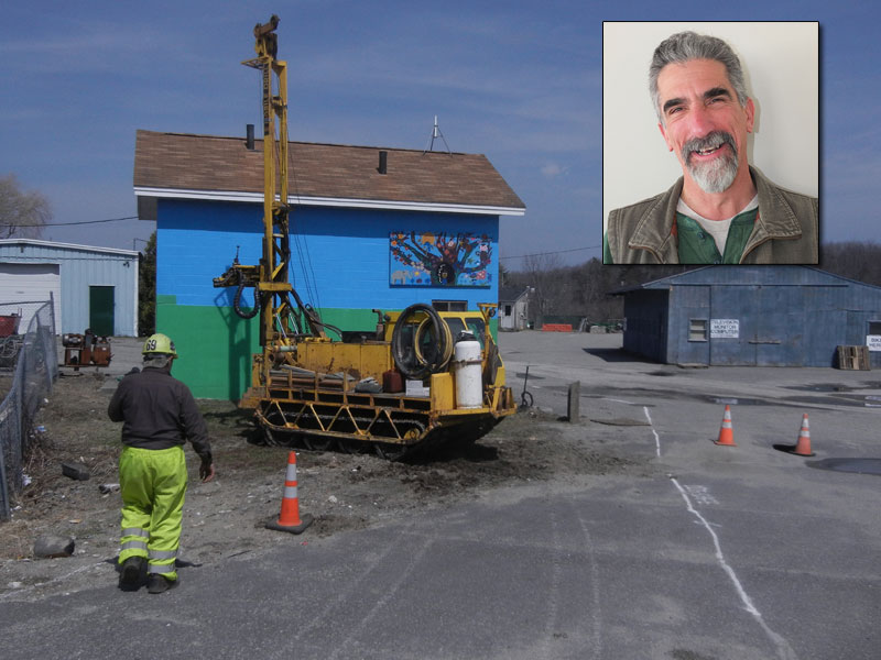 Mid-Coast Solid Waste Corp. Transfer Station Manager Jim Guerra, top right, said that work to install an underground grout wall to staunch the flow of water from the north quarry into the south quarry will likely be no more disruptive to people bringing in trash and recyclables than the core sample drilling work done during the week of April 14. (Photos by Holly S. Edwards/Chris Wolf)