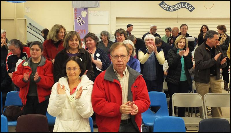The audience at Wednesday night’s school board meeting in Camden gave a standing ovation after the MSAD 28 School Board voted not to outsource the school’s custodial services. (Photo by Chris Wolf)