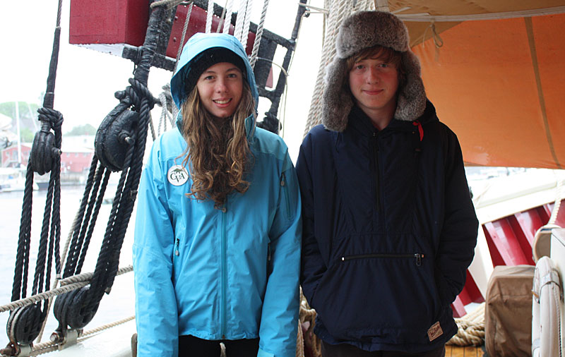 Appleton Village School students Alex Dionne and Audrey Heriz-Smith aboard schooner Mary Day. (Photo by Holly S. Edwards)
