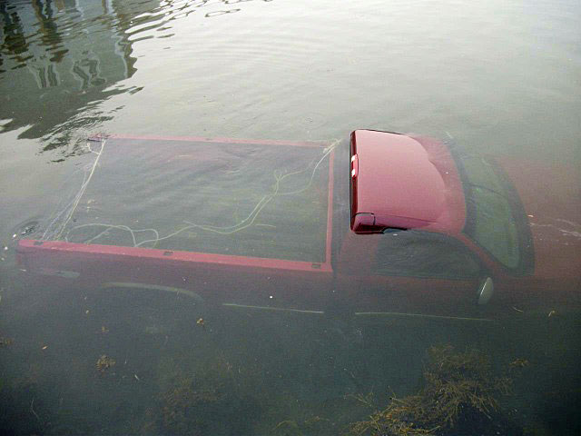 Justin Libby’s truck under the water in Port Clyde harbor Thursday morning. (Courtesy Knox County Sheriff’s Office)