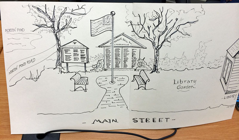 The proposed Veterans Memorial would not include the trees shown in this sketch, but would eventually include a sidewalk to connect Hope Road to Breezemere Park, and the library and memorial between them. (Photo by Holly S. Edwards)