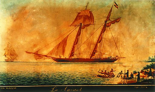 Contemporary painting of the sailing vessel ‘La Amistad’ off Culloden Point, Long Island, N.Y., Aug. 26 1839; on the left the ‘USS Washington’ of the U.S. Navy (oil painting).