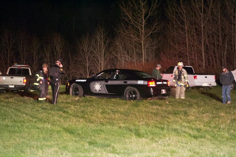 After striking the pickup truck, driven by Stephen Turner, 62, of Camden, on the runway at Knox County Regional Airport, the small Cessna lost control, crashed into the woods and caught fire. (Photo courtesy Steve Waterman)